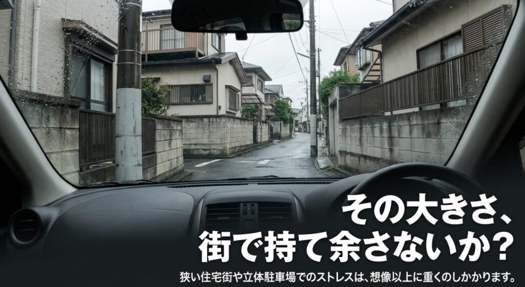 狭い住宅街や立体駐車場で、大きすぎる4WDが初心者の負担になりやすいことを示す運転席視点の画像