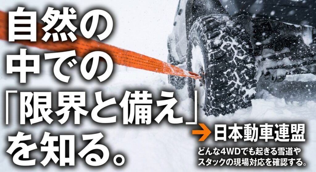 雪道でスタックした車両と牽引ロープを背景に、4WDでも雪道や現場トラブルへの備えが必要であることを示したスライド。