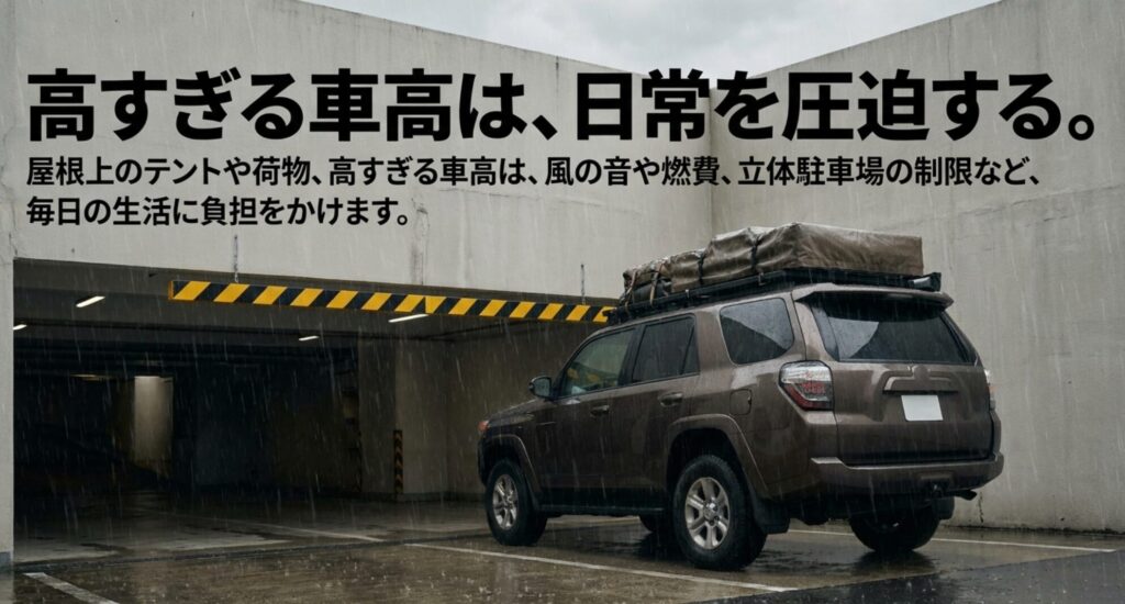 立体駐車場の前に停まるルーフ荷物付きSUVを背景に、車高が高すぎると日常利用に負担が出ることを示したスライド