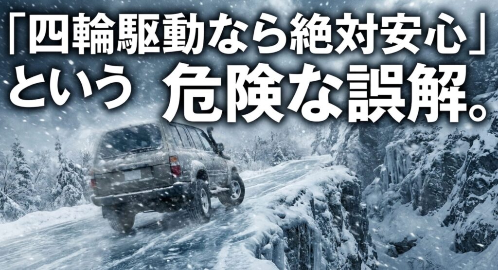 雪道を走る4WD車両とともに、四輪駆動でも過信は危険であることを強調したスライド