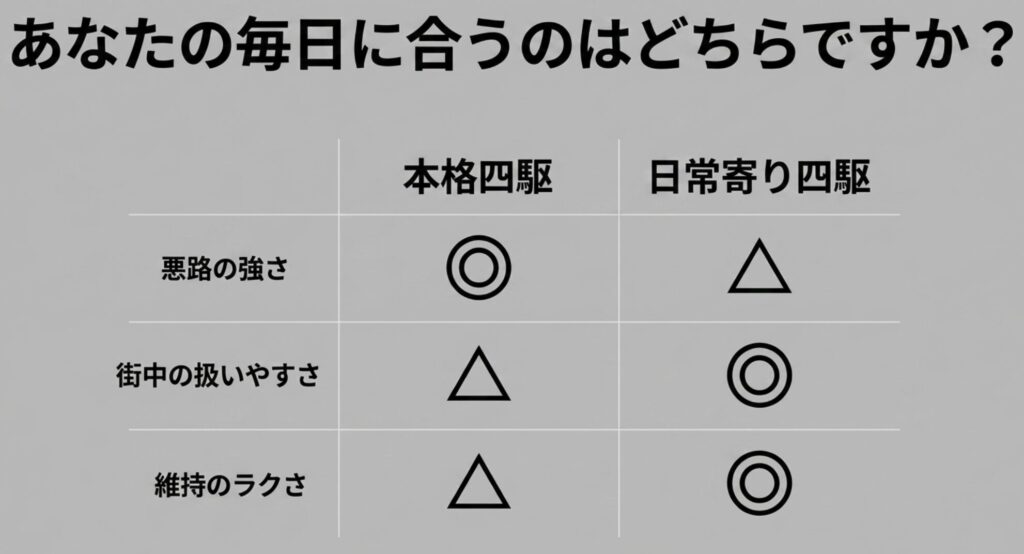 本格四駆と日常寄り四駆を、悪路の強さ、街中の扱いやすさ、維持のラクさで比較した表のスライド。