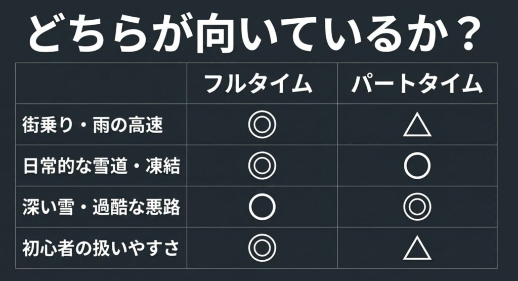 街乗り、雪道、深い雪や悪路、初心者の扱いやすさについて、フルタイム4WDとパートタイム4WDの向き不向きを表で比較したスライド