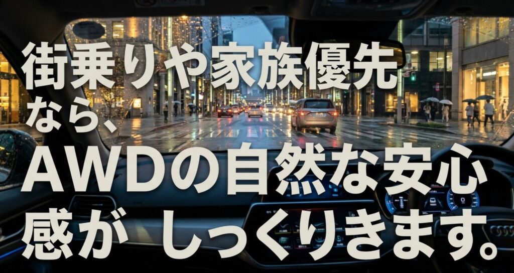 雨の街を走る車内からの視点で、街乗りや家族利用ではAWDの自然な安心感が合いやすいことを示した画像