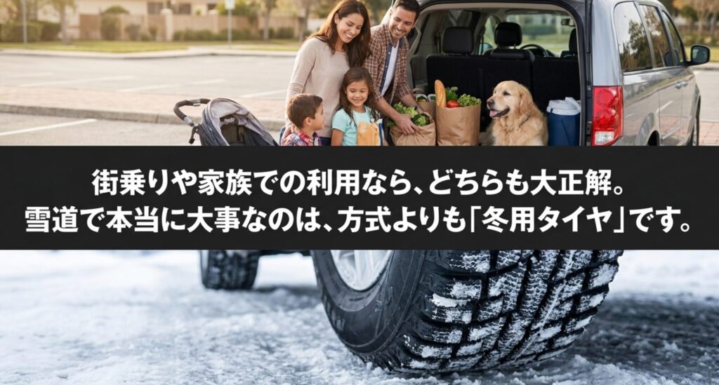 家族で車を使う場面と雪道のタイヤを背景に、街乗りや家族利用ではオンデマンド4WDと電動4WDのどちらも有力で、雪道では冬用タイヤが重要であることを示すスライド。