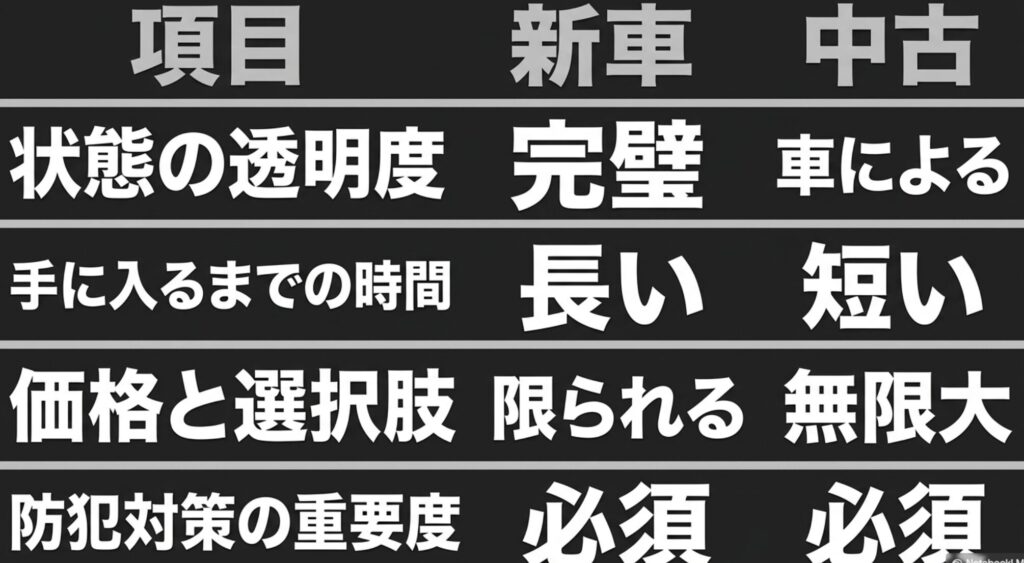 状態の透明度、納車までの時間、価格と選択肢、防犯対策の重要度を新車4WDと中古4WDで比較したスライド