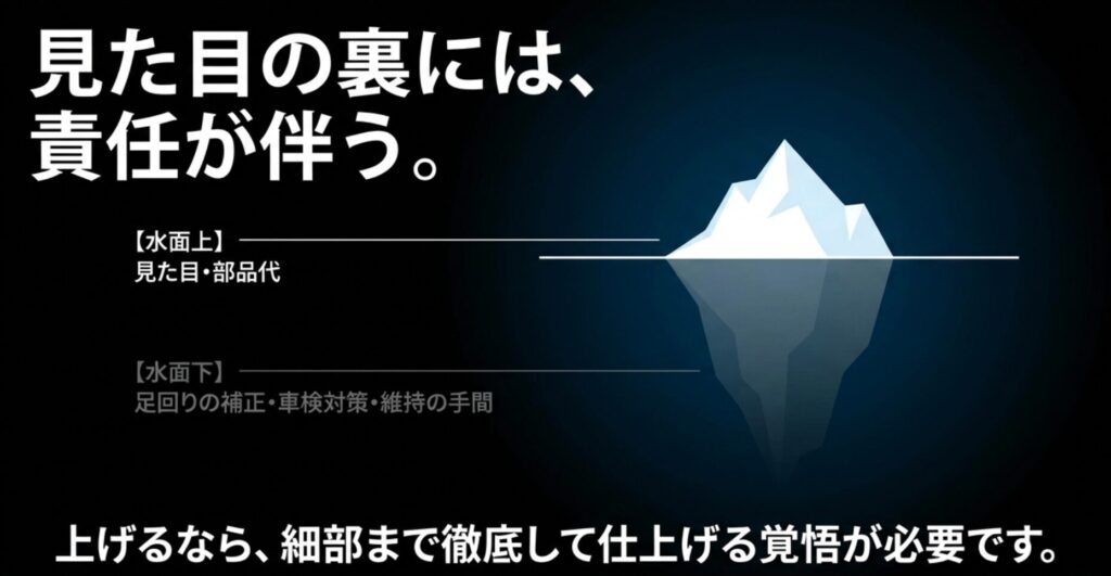 氷山の図で、リフトアップの見た目や部品代の裏側に、足回り補正、車検対策、維持管理の手間があることを示すスライド