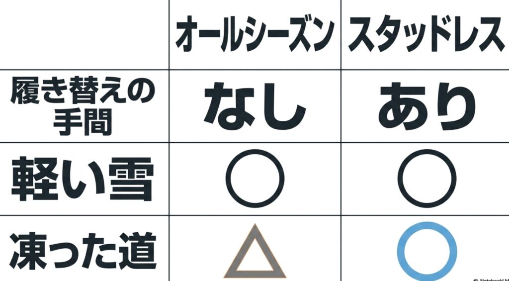 履き替えの手間、軽い雪、凍った道について、オールシーズンタイヤとスタッドレスタイヤを比較した表