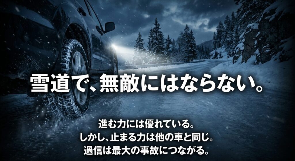 雪道で4WDは進む力に優れるが、止まる力は他の車と同じで過信が事故につながることを警告するスライド
