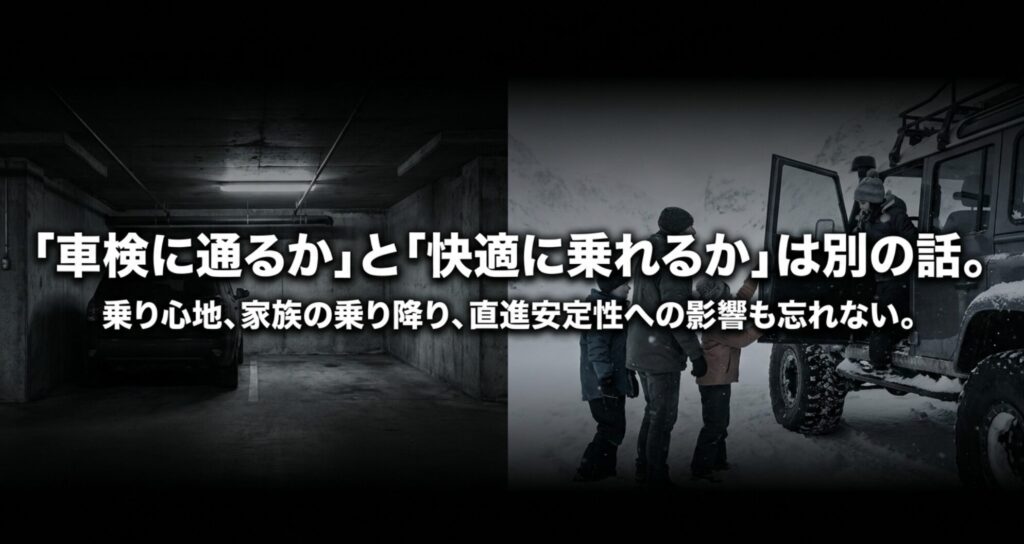 駐車場と雪道の利用シーンを背景に、車検適合だけでなく乗り心地、家族の乗降、直進安定性も重要だと示すスライド。