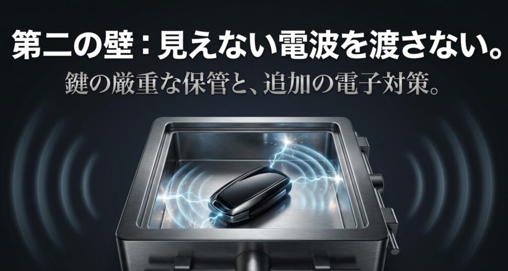 スマートキーを金属ケース内で保管し、見えない電波を遮断する重要性を示すリレーアタック対策スライド
