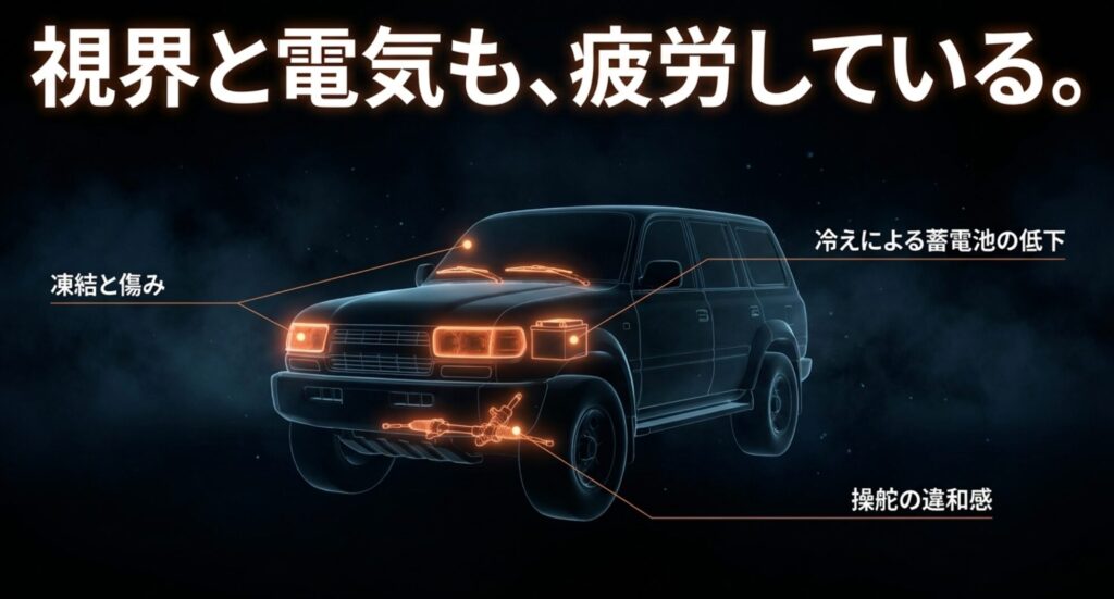冬の4WDにワイパー凍結、バッテリー低下、操舵の違和感が示された点検スライド