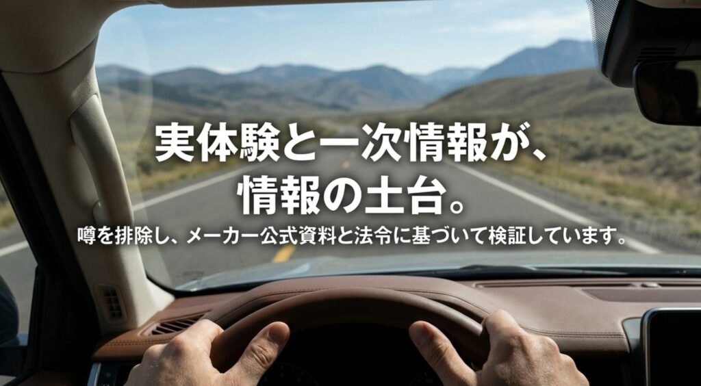 車内から見た道の風景を背景に、実体験とメーカー公式資料や法令を情報の土台にする姿勢を示したスライド