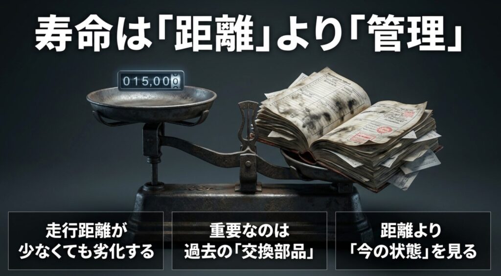 ジープチェロキーの寿命は走行距離だけでなく、過去の交換部品や現在の状態管理で判断すべきことを示すスライド