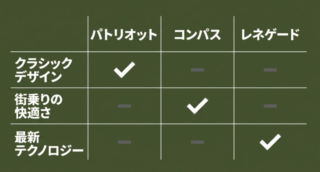 ジープパトリオットとコンパスとレネゲードの違いを比較するスライド