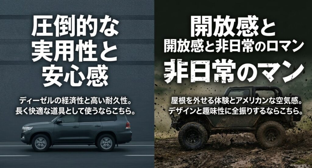 Jeepラングラーとランドクルーザーの実用性、安心感、開放感、非日常性の違いを比較したスライド