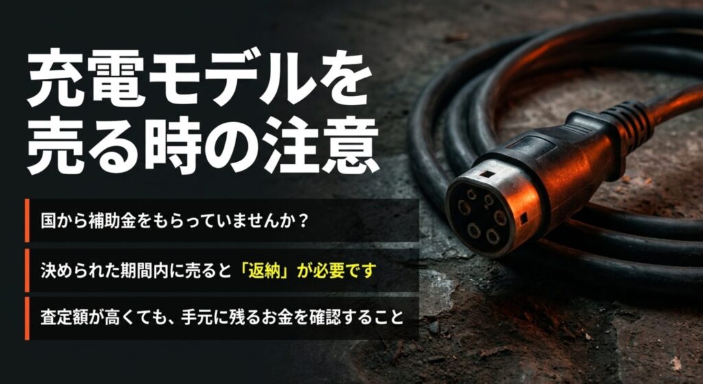 ラングラー4xeなど充電モデルを売る前に補助金返納や手残り額を確認する重要性を示すスライド