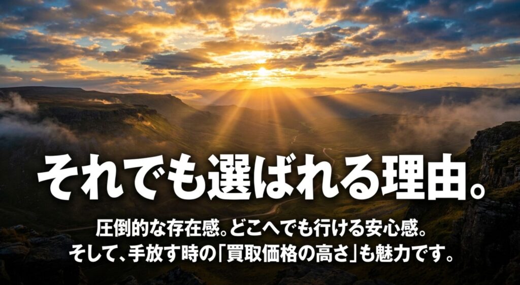 ジープが維持費や不便さを抱えながらも存在感、走破性、買取価格の高さで選ばれる理由を示すスライド