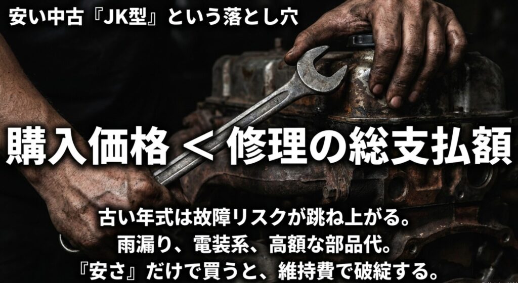 中古JK型ラングラーは安く見えても故障リスクや修理費を含めた総支払額が重要だと示すスライド