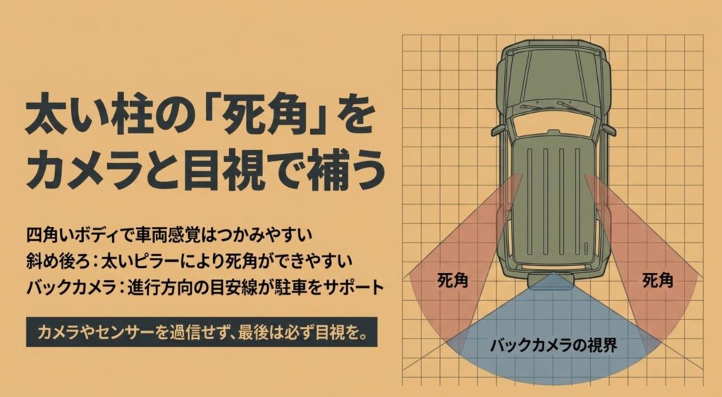ジープレネゲードの太いピラーによる死角とバックカメラの視界範囲を示した図