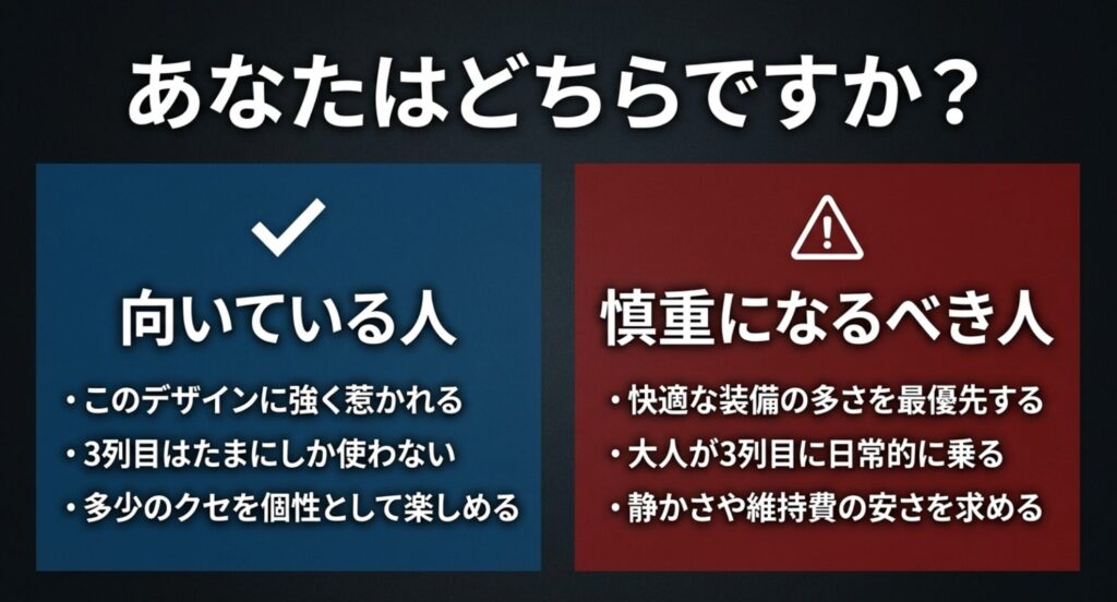 ジープコマンダーが向いている人と慎重になるべき人を比較し購入判断の基準を示すスライド