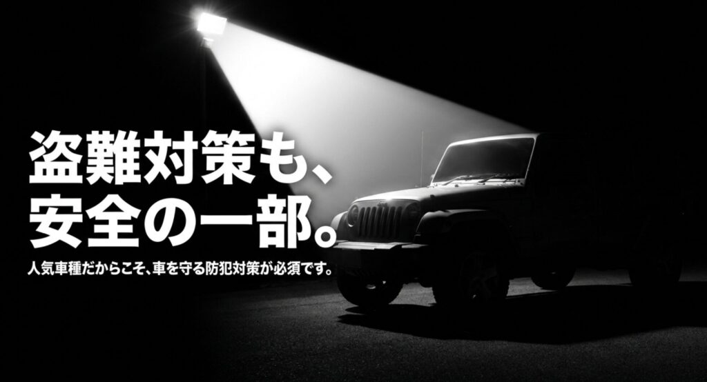 スポットライトに照らされた4WD車と盗難対策の文字。人気車種では防犯も安全の一部であることを示すスライド。