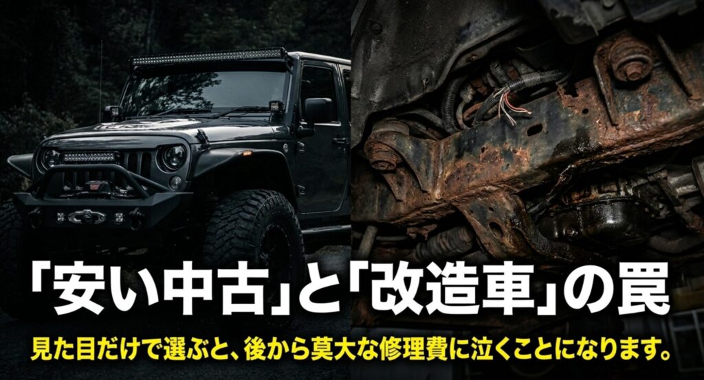 カスタムされたラングラーと錆びた下回りを並べ、中古車や改造車選びの注意点を示すスライド