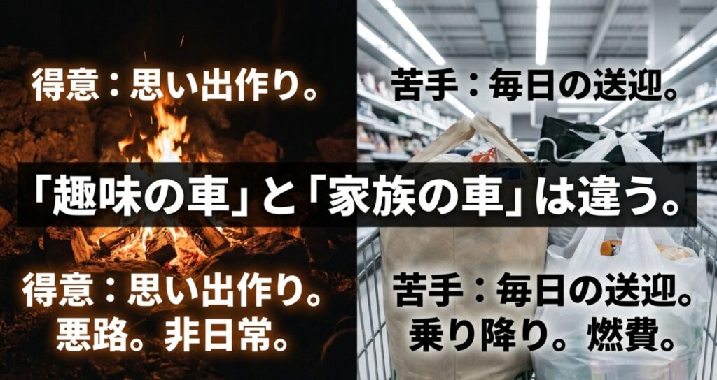 キャンプの焚き火とスーパーの買い物袋を対比し、趣味の車と家族の車では得意な場面と苦手な場面が違うことを示すスライド