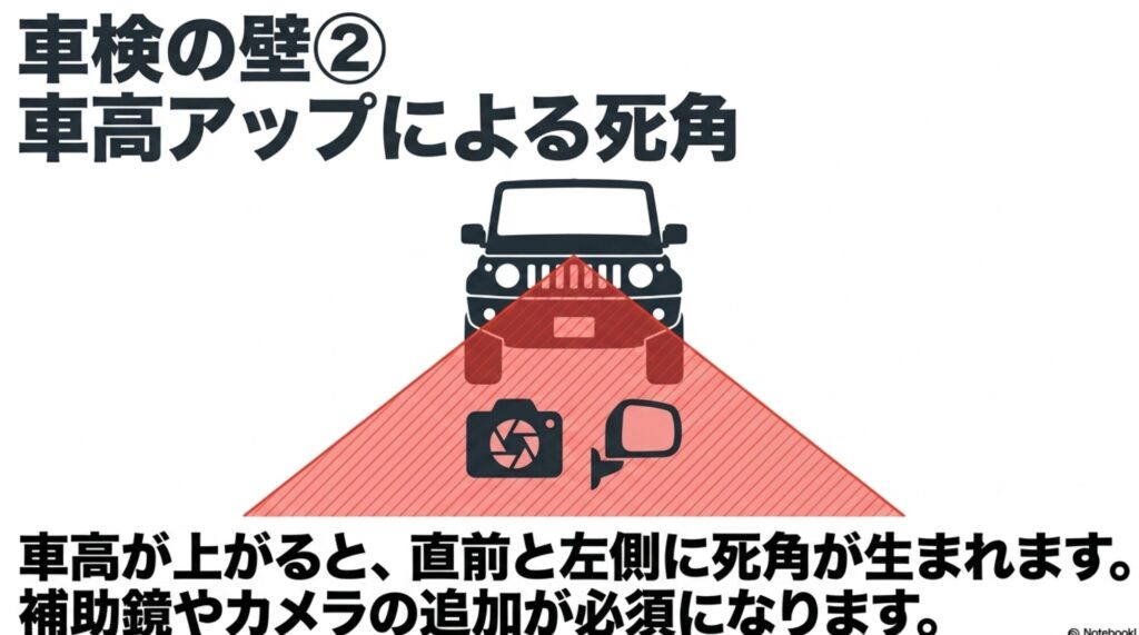 FJクルーザーの車高アップで直前と左側に死角が生まれ、補助ミラーやカメラ対策が必要になることを示す図