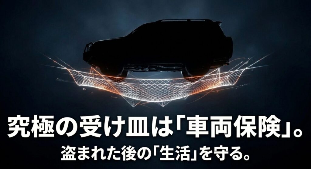 盗難対策の最後の受け皿として車両保険が盗まれた後の生活を守ることを示すスライド