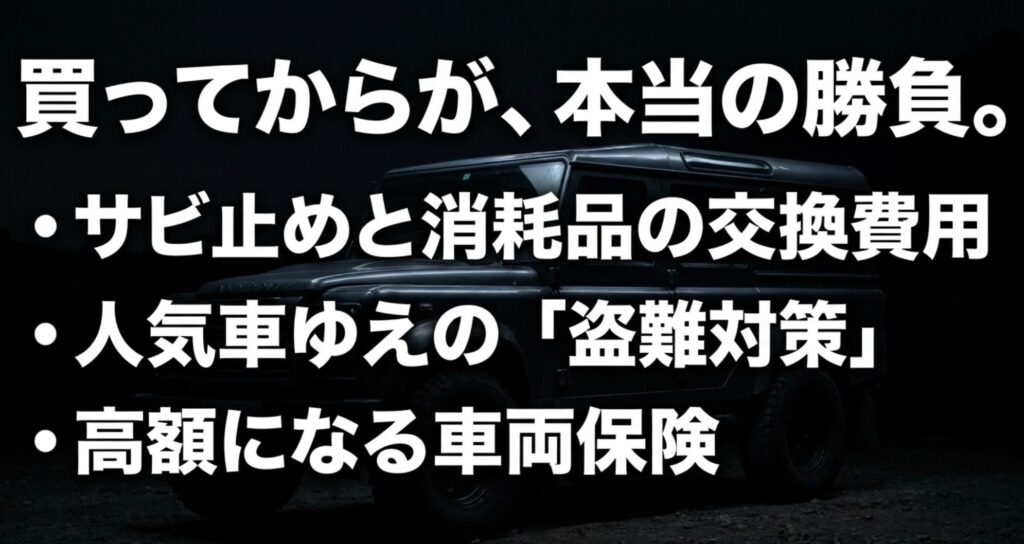 中古4WD購入後にサビ止め、消耗品交換、盗難対策、車両保険の費用を考える必要があることを示すスライド