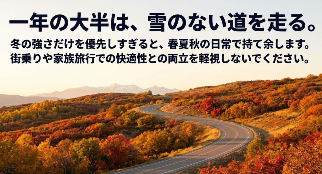 一年の大半は雪のない道を走るため、冬の強さだけでなく街乗りや家族旅行での快適性も重視すべきことを示したスライド