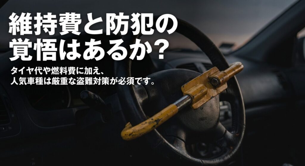 タイヤ代や燃料費に加え、人気4WDでは盗難対策や保険も含めて考える必要があることを示す画像