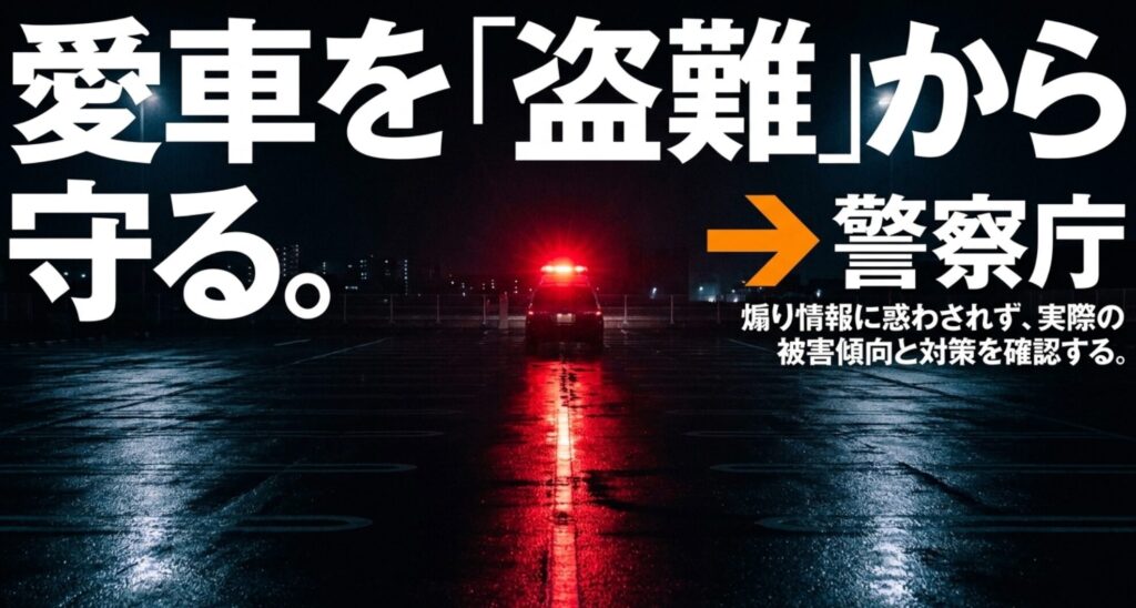 夜の駐車場と警察車両を背景に、高額SUVや人気4WDの盗難対策では警察庁の被害傾向と防犯情報を確認する重要性を示したスライド。