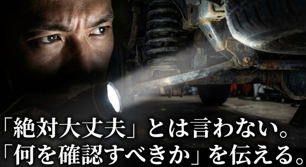 下回りを点検する様子とともに、絶対大丈夫と断定せず何を確認すべきかを伝える方針を示したスライド
