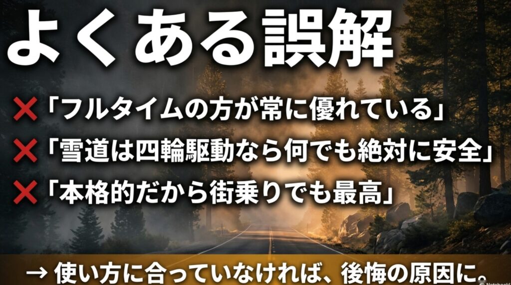 フルタイム4WDが常に優れている、雪道なら四輪駆動だけで安全、本格的なら街乗りでも最高といった誤解を整理したスライド