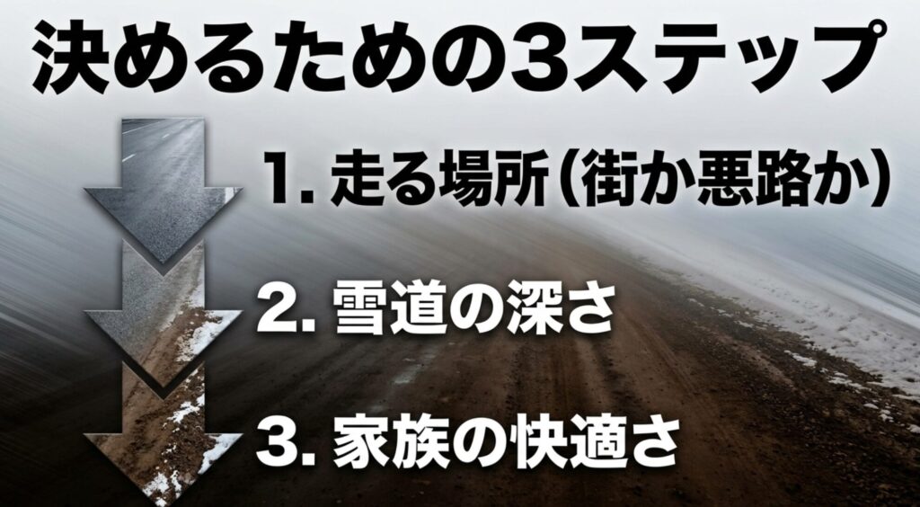 走る場所、雪道の深さ、家族の快適さという3つの視点で4WDとAWDを選ぶ流れを示した画像