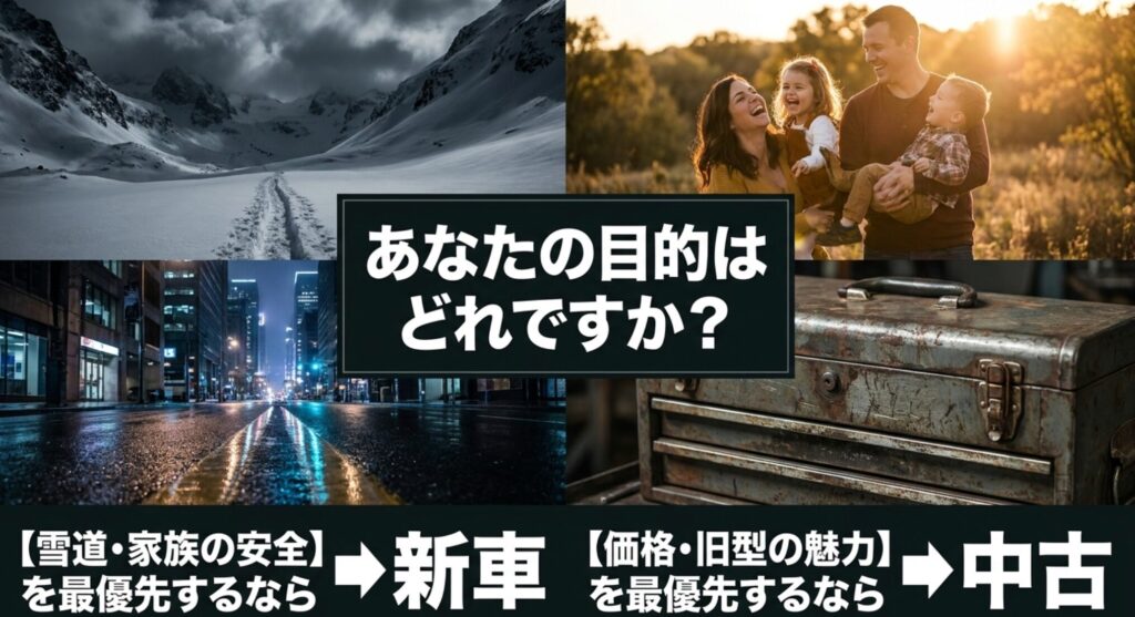 雪道や家族の安全を優先するなら新車、価格や旧型モデルの魅力を優先するなら中古という目的別の選び方を示したスライド