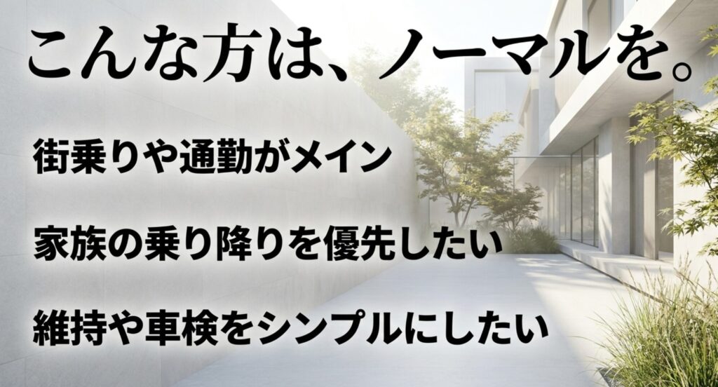 街乗りや通勤がメイン、家族の乗り降りを優先したい、維持や車検をシンプルにしたい人にはノーマル車高が向くことを示すスライド