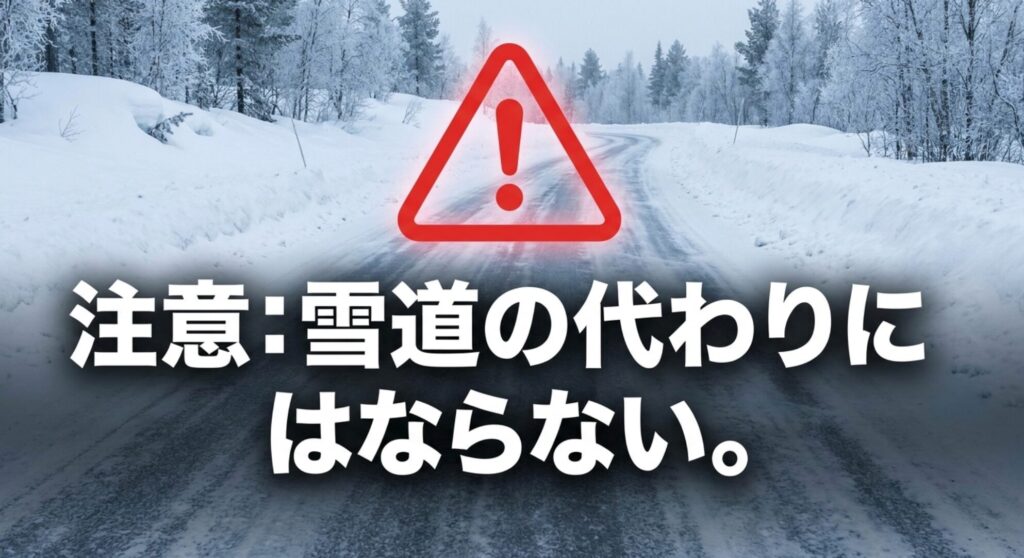 雪道と警告マークを背景に、ATタイヤやMTタイヤだけで冬道を判断する危険性を示す画像