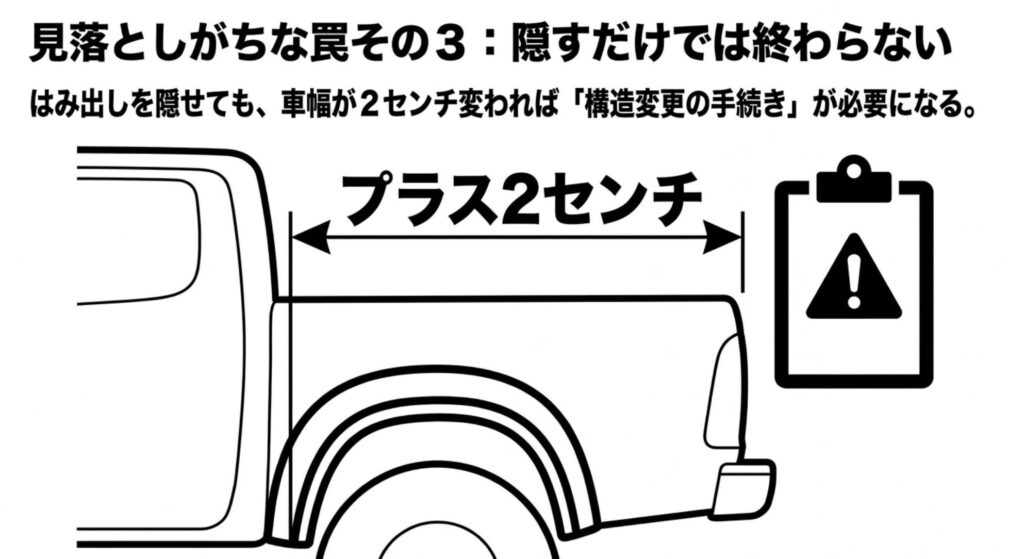 オーバーフェンダーでタイヤのはみ出しを隠しても、車幅がプラス2センチ変わると構造変更手続きが必要になる可能性を示す図