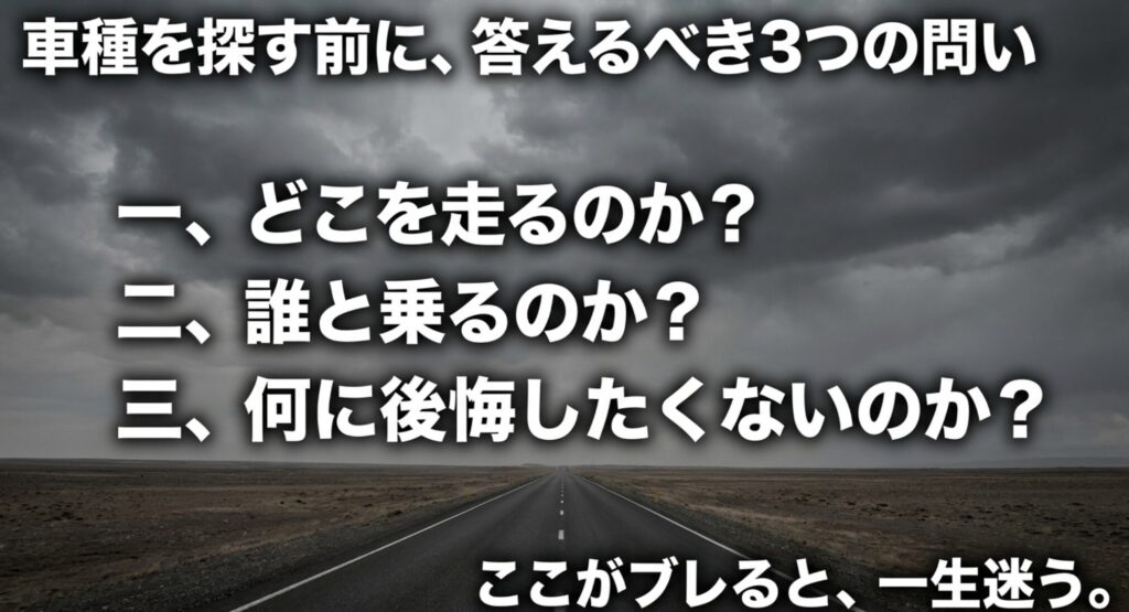 4WD車種を探す前に、どこを走るのか、誰と乗るのか、何に後悔したくないのかを考える重要性を示すスライド