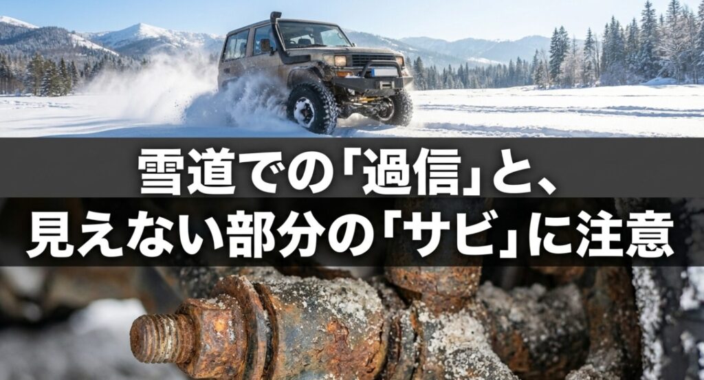 雪道を走る4WD車とサビた下回り部品を組み合わせ、冬道での過信と見えない部分の腐食リスクを伝えるスライド