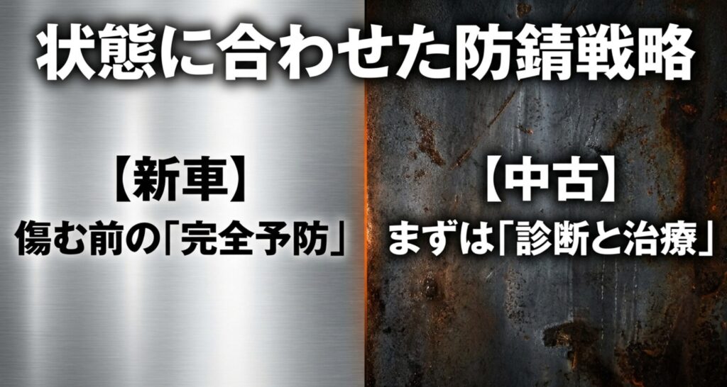 新車は傷む前の予防、中古車は診断と治療が重要であることを金属面と錆びた面の対比で示す画像