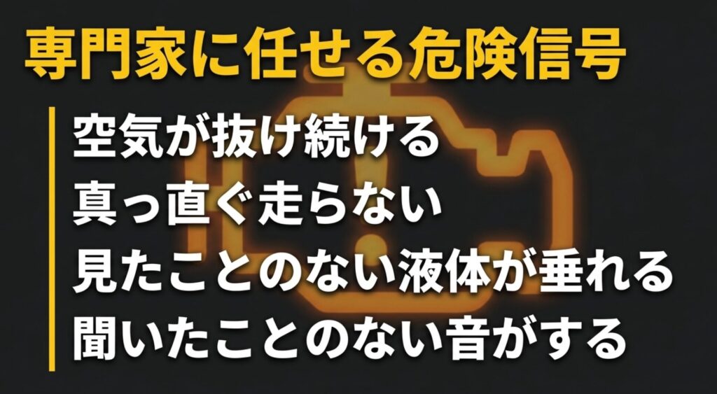 空気が抜け続ける、真っ直ぐ走らない、液体が垂れる、異音がするなど専門家に相談すべき症状を示すスライド