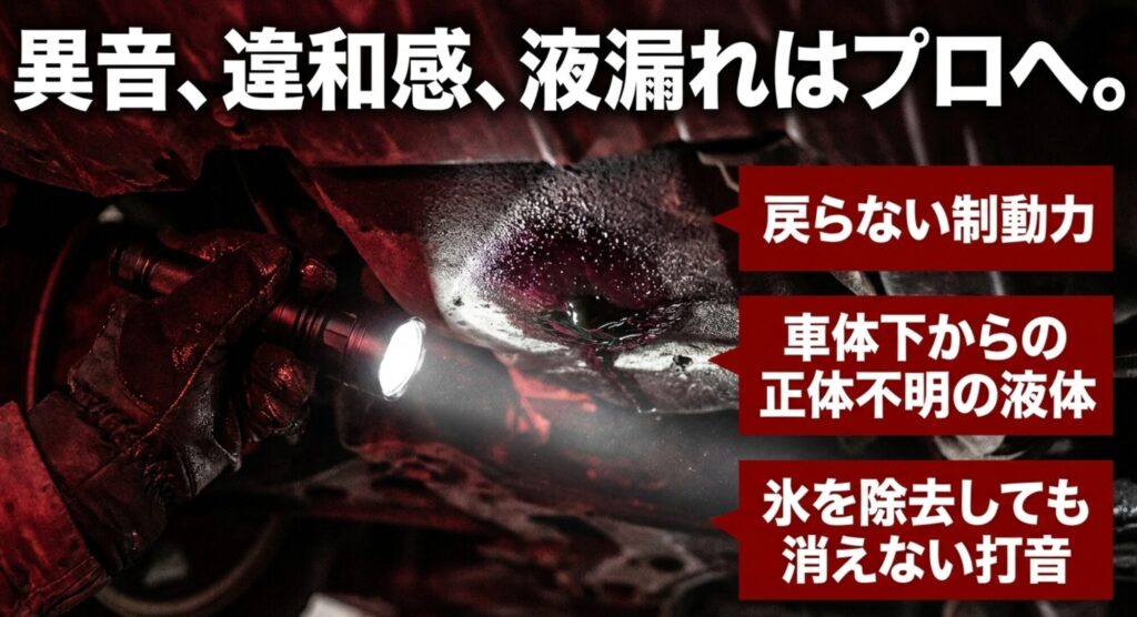 下回りの液漏れをライトで確認し、戻らない制動力や異音など整備工場へ相談すべきサインを示すスライド