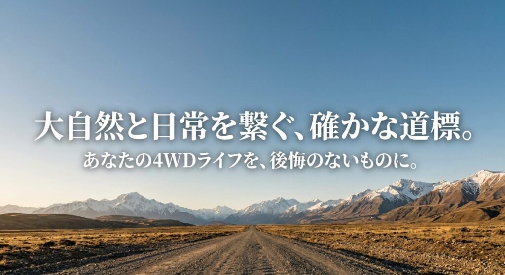 山岳地帯へ続く道を背景に、大自然と日常をつなぎ後悔のない4WDライフを目指す締めのスライド