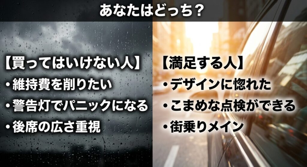 ジープコンパスを買ってはいけない人と満足しやすい人の違いを比較したスライド