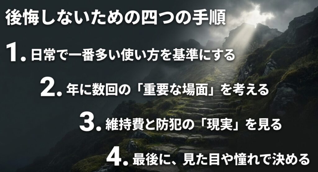日常の使い方、年に数回の重要場面、維持費と防犯、最後に見た目や憧れで決める4WD選びの手順を示すスライド