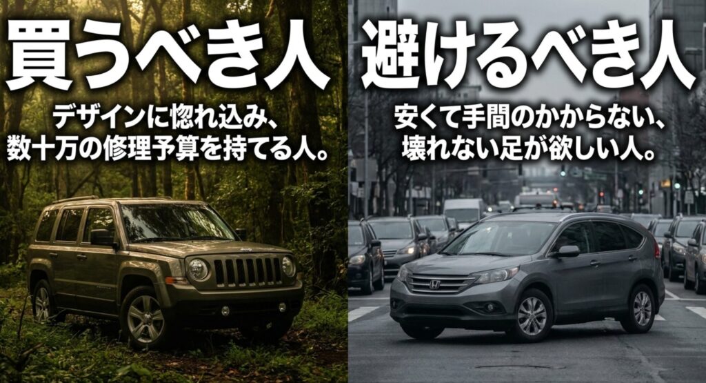 ジープパトリオットが向いている人と慎重に考えるべき人を比較するスライド