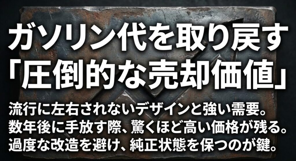 Jeepラングラーは燃料代が高くても高いリセールバリューで総コストを抑えやすいことを示したスライド